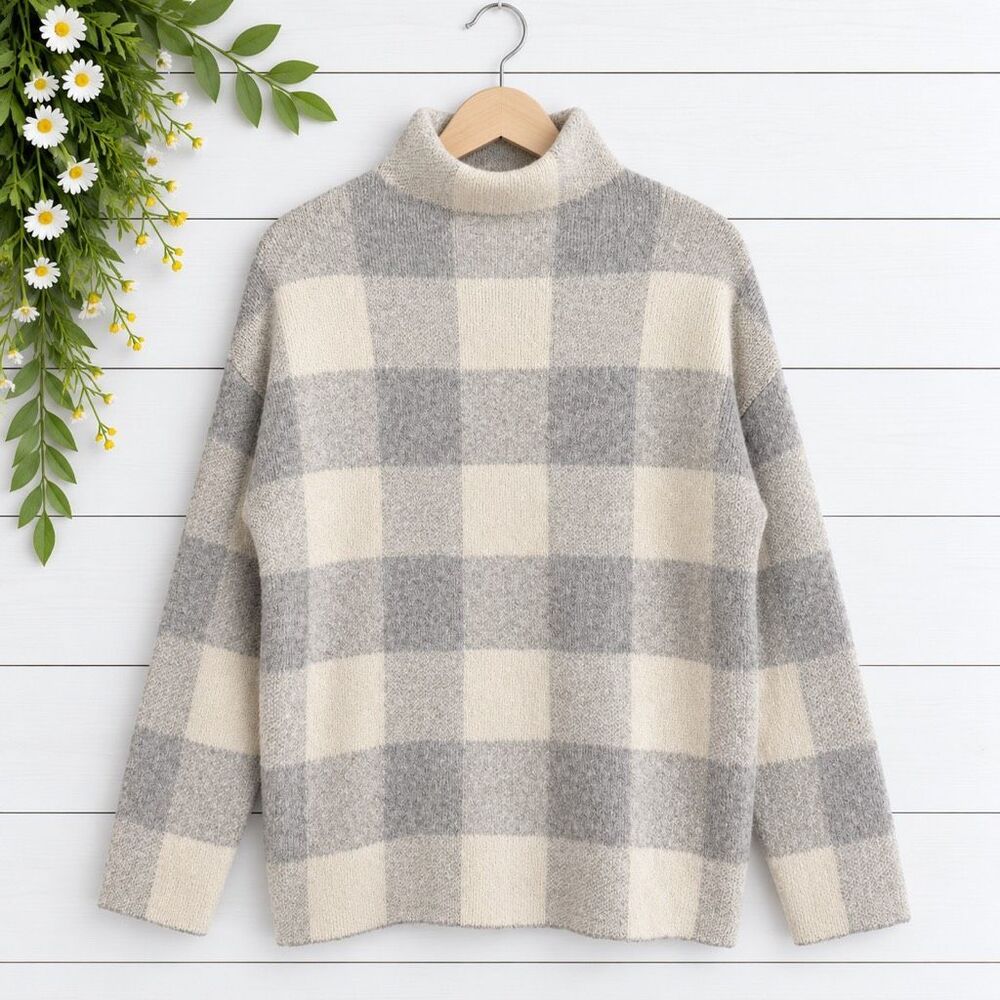 Christian Siriano windowpane grey and white mock neck sweater